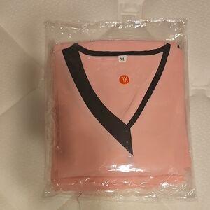 Pink V-Neck Scrub Top with Black Trim + Bottoms